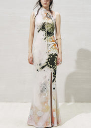 Boho White Stand Collar Print Tulle Two Pieces Set Sleeveless
