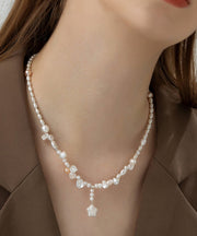 Boho White Sterling Silver Pearl Pentagram Pendant Necklace