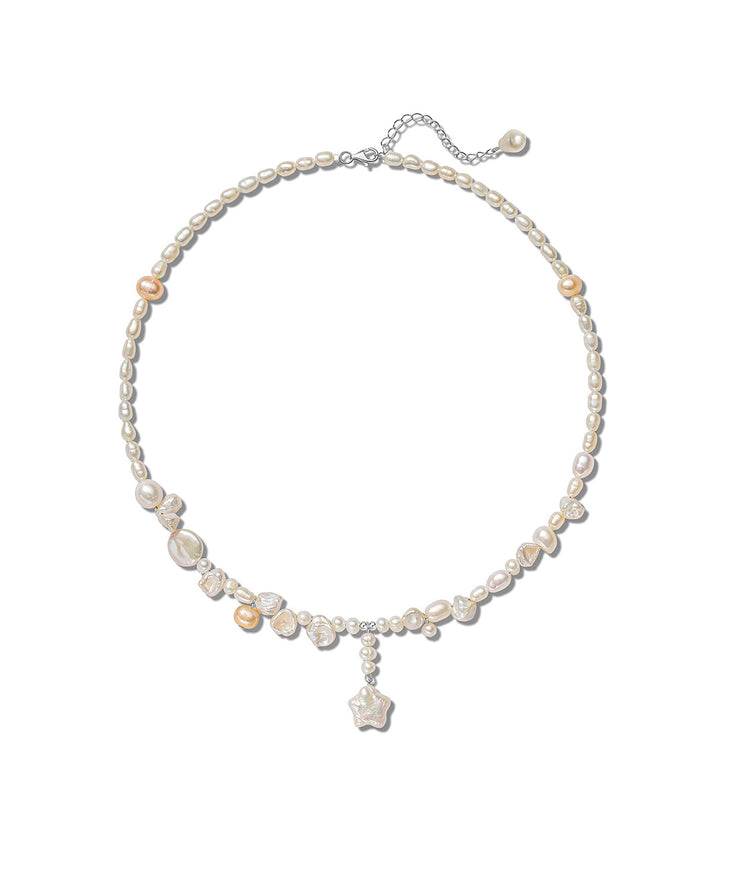Boho White Sterling Silver Pearl Pentagram Pendant Necklace