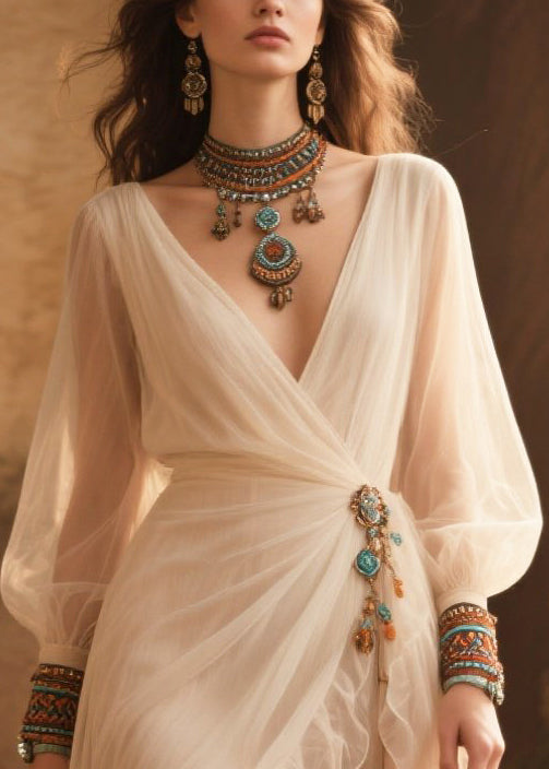 Boho White Tasseled Exra Large Hem Tulle Party Dress Summer