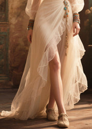 Boho White Tasseled Exra Large Hem Tulle Party Dress Summer