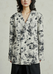 Boho White V Neck Pockets Print Coat Fall