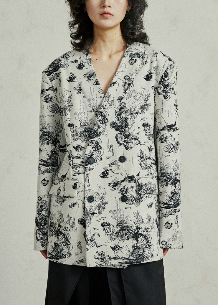 Boho White V Neck Pockets Print Coat Fall