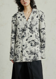 Boho White V Neck Pockets Print Coat Fall
