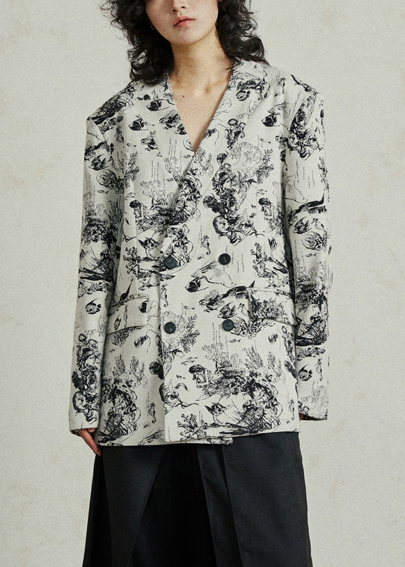 Boho White V Neck Pockets Print Coat Fall