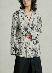 Boho White V Neck Pockets Print Coat Fall