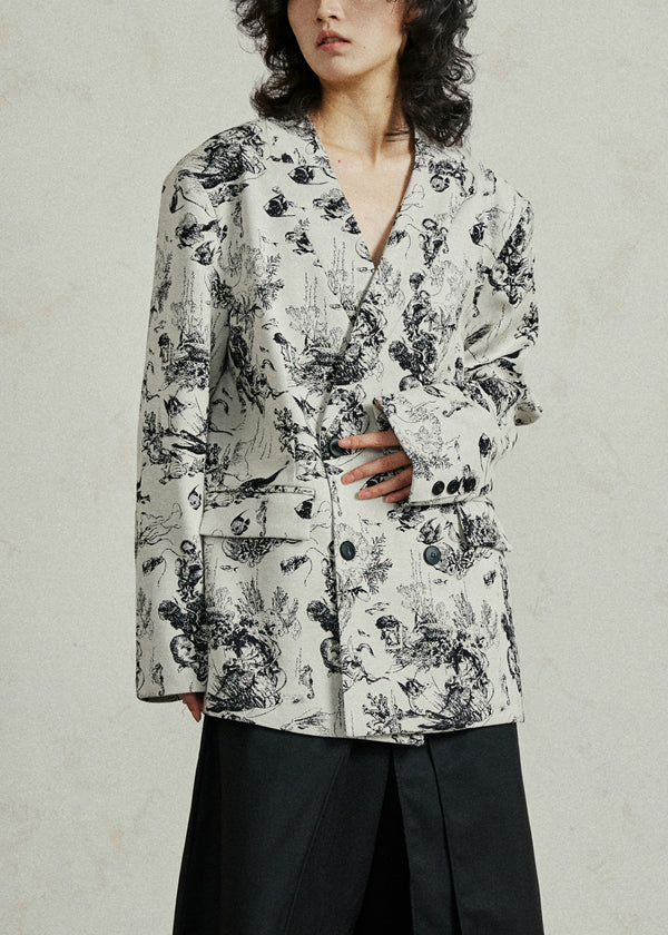 Boho White V Neck Pockets Print Coat Fall