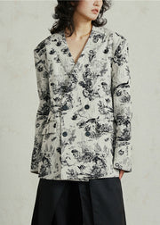 Boho White V Neck Pockets Print Coat Fall