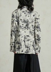 Boho White V Neck Pockets Print Coat Fall