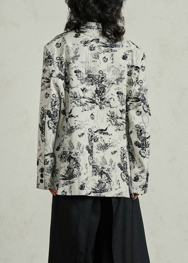 Boho White V Neck Pockets Print Coat Fall