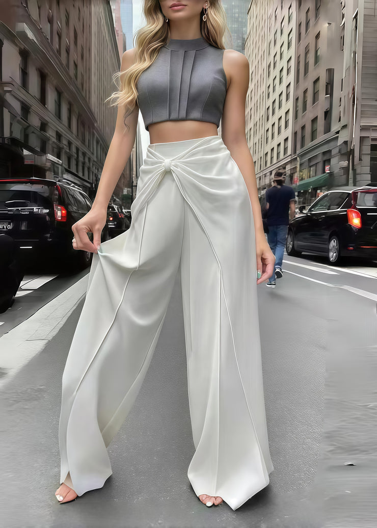 Boho White Wrinkled Draping Chiffon Wide Leg Pants Summer