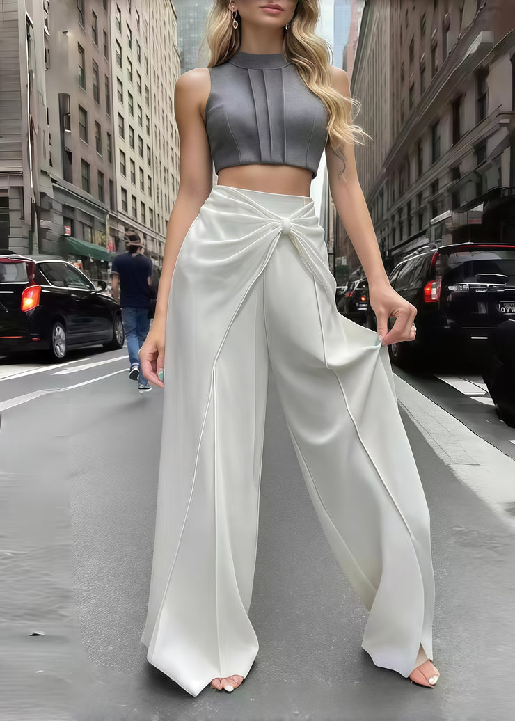 Boho White Wrinkled Draping Chiffon Wide Leg Pants Summer