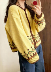 Boho Yellow Embroidered Chunky Knit Cardigans Winter