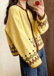 Boho Yellow Embroidered Chunky Knit Cardigans Winter