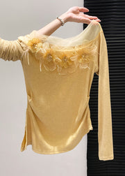 Boho Yellow Floral Decorated Side Open Cotton Tops Fall