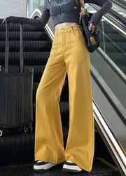 Boho Yellow High Waist Pockets Denim Straight Pants Fall
