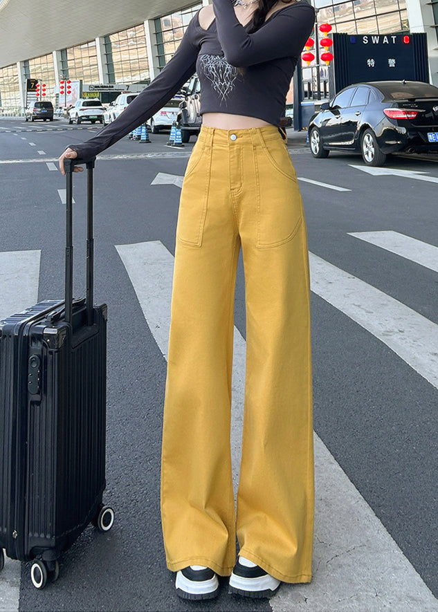 Boho Yellow High Waist Pockets Denim Straight Pants Fall