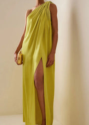 Boho Yellow One Shoulder Asymmetrical Wrinkled Maxi Dresses Summer