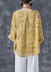 Boho Yellow Patchwork Print Linen Blouse Tops Bracelet Sleeve