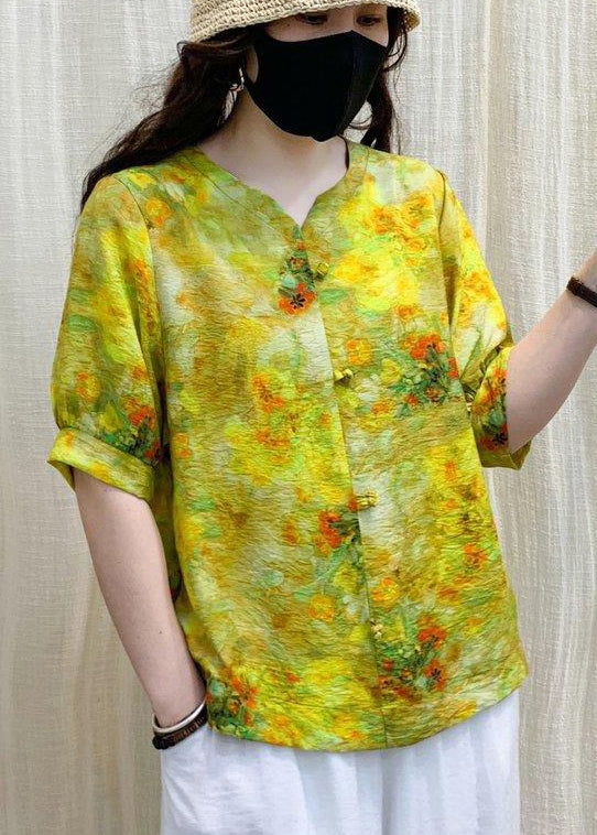 Boho Yellow Print Wrinkled Linen Shirt Top Short Sleeve