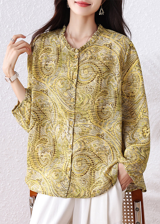Boho Yellow Ruffled Print Chiffon Shirt Top Fall