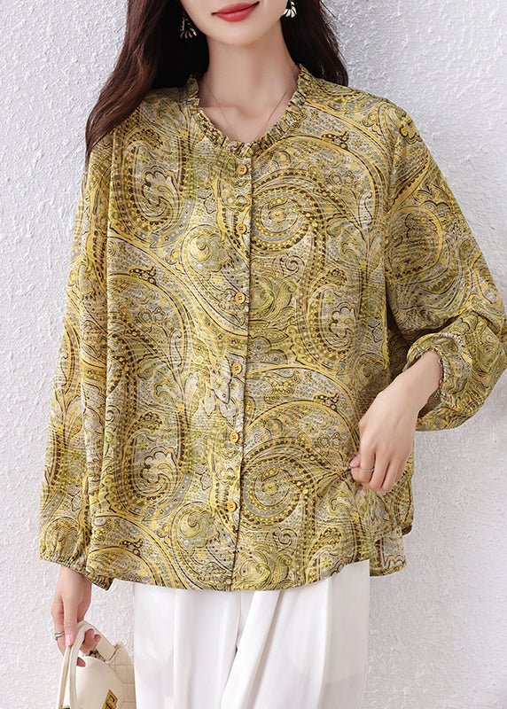 Boho Yellow Ruffled Print Chiffon Shirt Top Fall