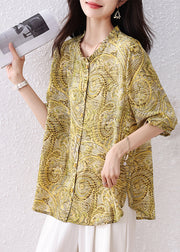 Boho Yellow Ruffled Print Chiffon Shirt Top Fall