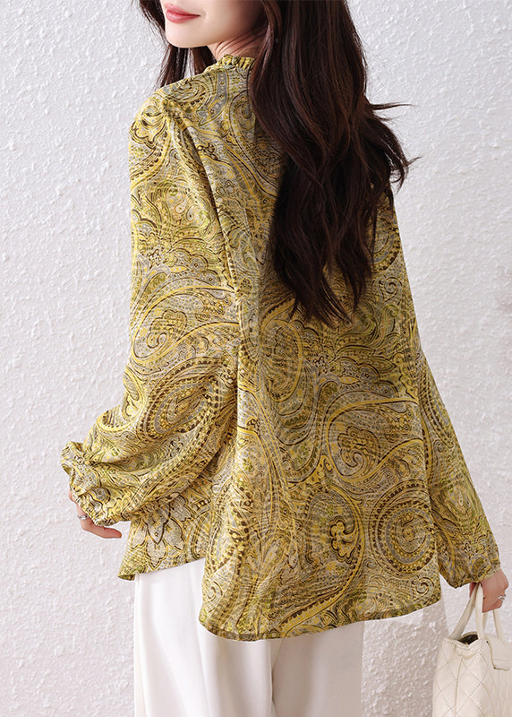 Boho Yellow Ruffled Print Chiffon Shirt Top Fall