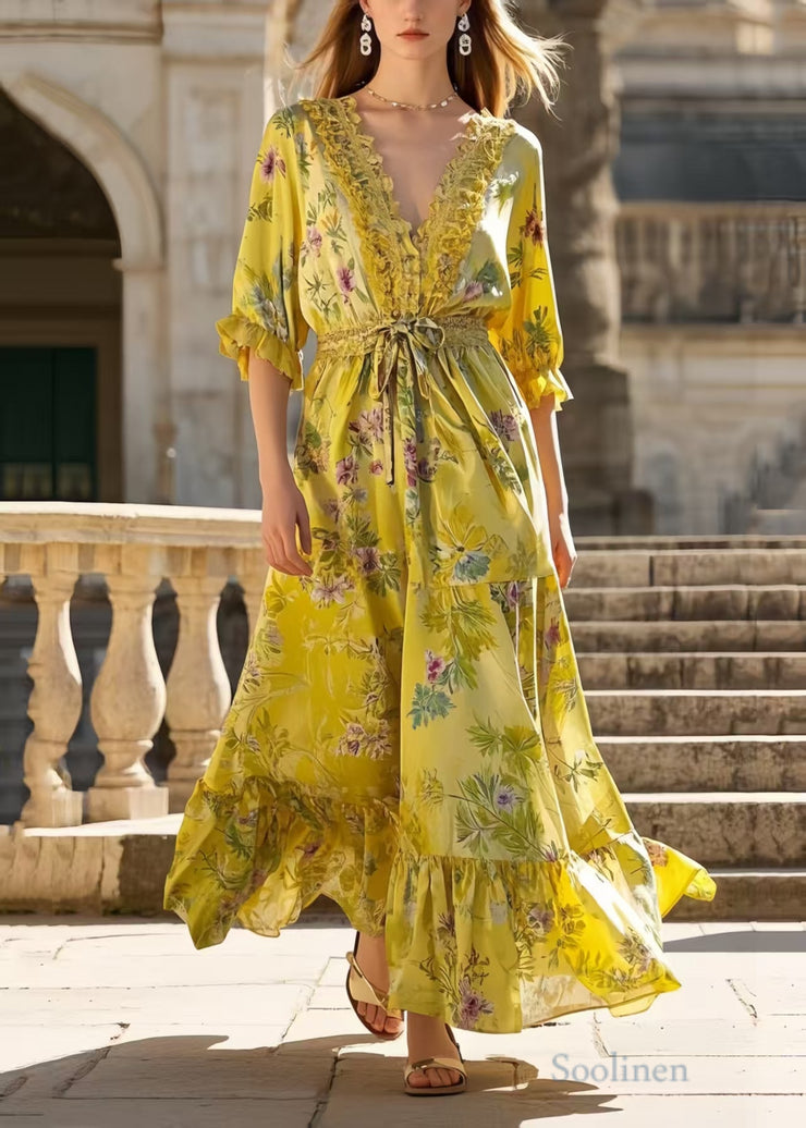 Boho Yellow Ruffled Print Silk Tunic Dress Summer