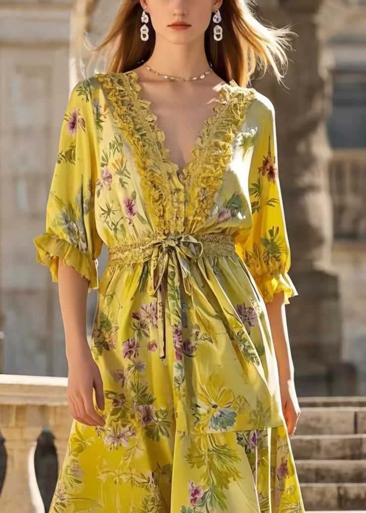 Boho Yellow Ruffled Print Silk Tunic Dress Summer