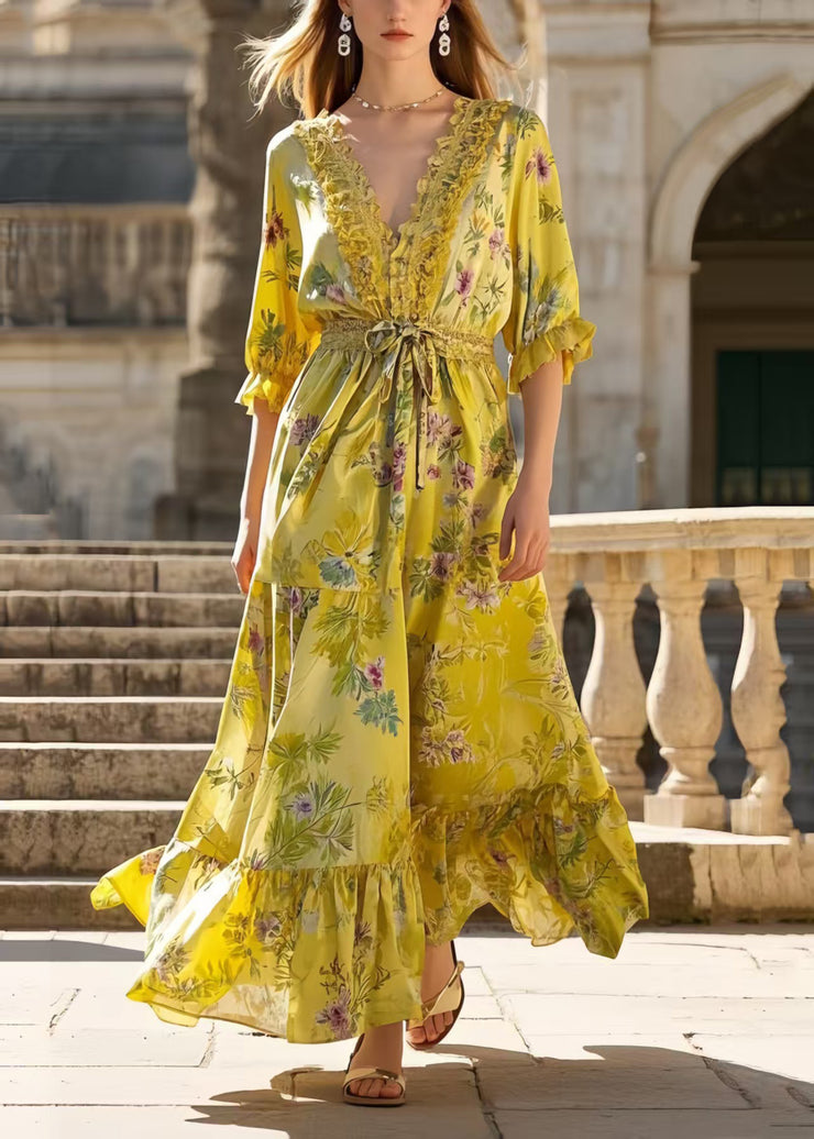 Boho Yellow Ruffled Print Silk Tunic Dress Summer