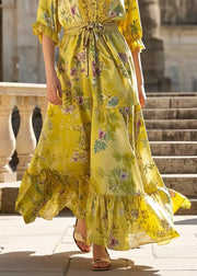 Boho Yellow Ruffled Print Silk Tunic Dress Summer