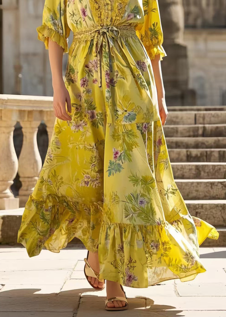 Boho Yellow Ruffled Print Silk Tunic Dress Summer