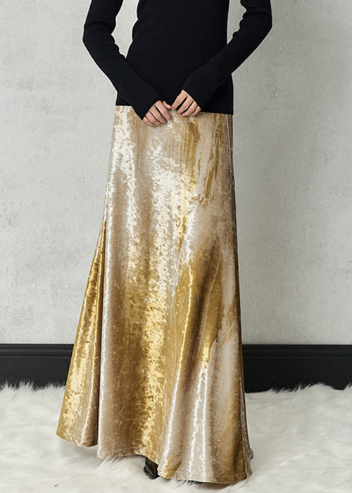 Boho Yellow Tie Dye High Waist Silk Velvet Skirts Spring