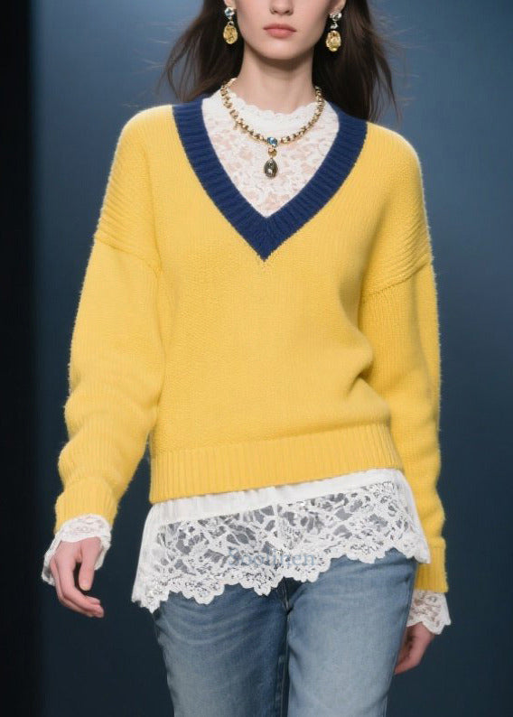 Boho Yellow V Neck Warm Knitted Tops Winter