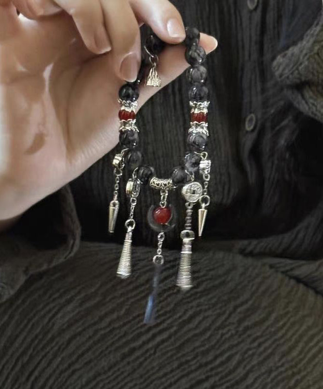 Boutique  Black Sterling Silver Crystal Gem Stone Tassel Charm Bracelet