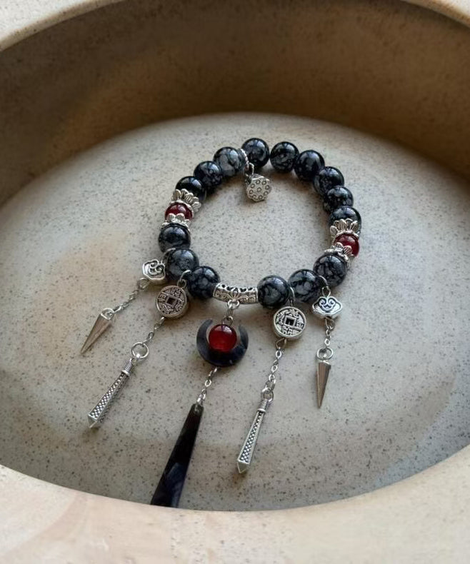 Boutique  Black Sterling Silver Crystal Gem Stone Tassel Charm Bracelet