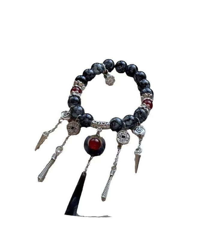 Boutique  Black Sterling Silver Crystal Gem Stone Tassel Charm Bracelet