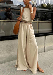 Boutique Apricot Side Open Linen Vests And Straight Pants Two Pieces Set Sleeveless