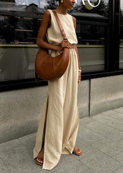 Boutique Apricot Side Open Linen Vests And Straight Pants Two Pieces Set Sleeveless