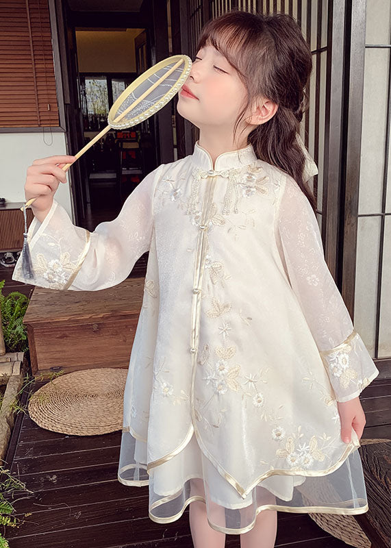 Boutique Apricot Stand Collar Embroideried Silk Girls Long Dress Spring