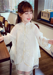 Boutique Apricot Stand Collar Embroideried Silk Girls Long Dress Spring