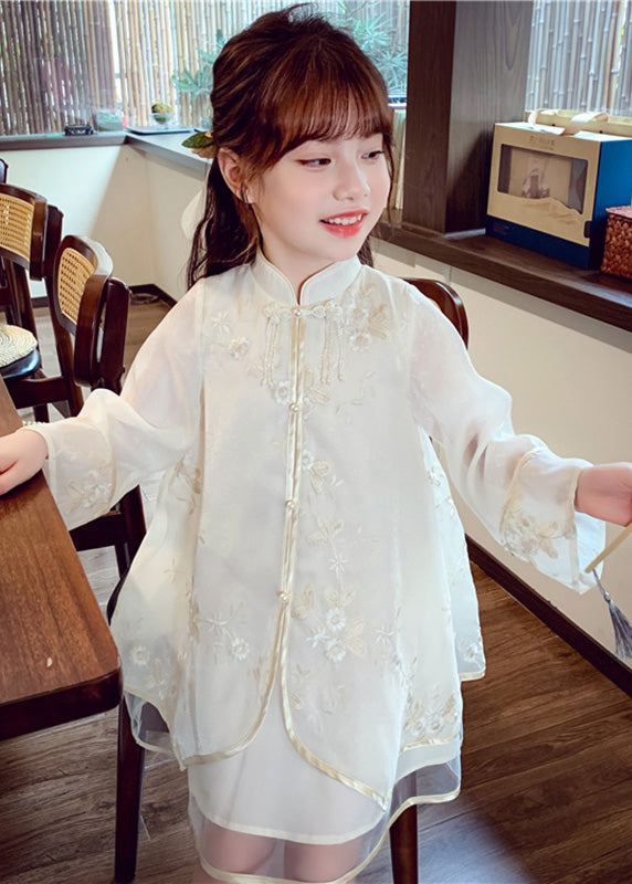Boutique Apricot Stand Collar Embroideried Silk Girls Long Dress Spring