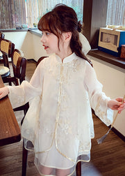 Boutique Apricot Stand Collar Embroideried Silk Girls Long Dress Spring