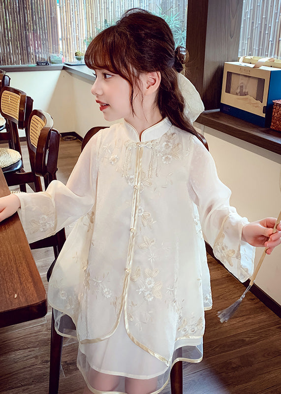 Boutique Apricot Stand Collar Embroideried Silk Girls Long Dress Spring
