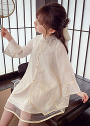 Boutique Apricot Stand Collar Embroideried Silk Girls Long Dress Spring