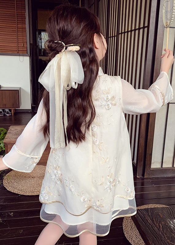 Boutique Apricot Stand Collar Embroideried Silk Girls Long Dress Spring