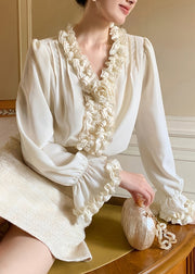 Boutique Apricot V Neck Ruffled Chiffon Shirt Fall