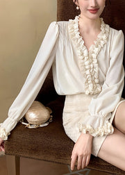 Boutique Apricot V Neck Ruffled Chiffon Shirt Fall