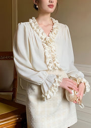 Boutique Apricot V Neck Ruffled Chiffon Shirt Fall